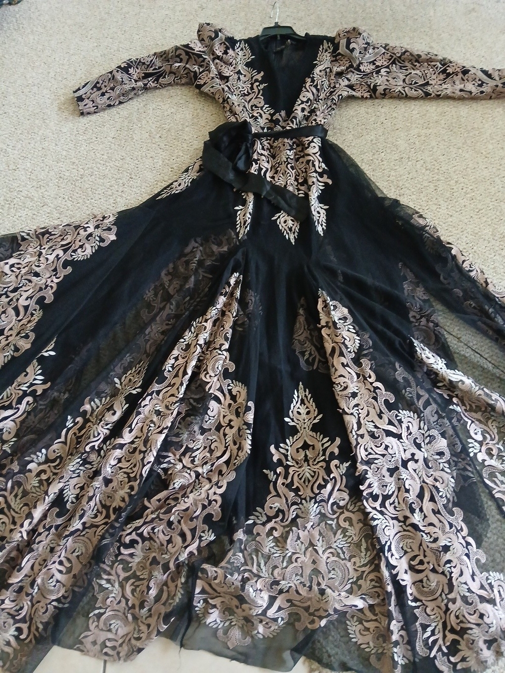BCBGMaxAzria Black and Beige Embroidered Long Sleeve Maxi Dress - Picture 2 of 6